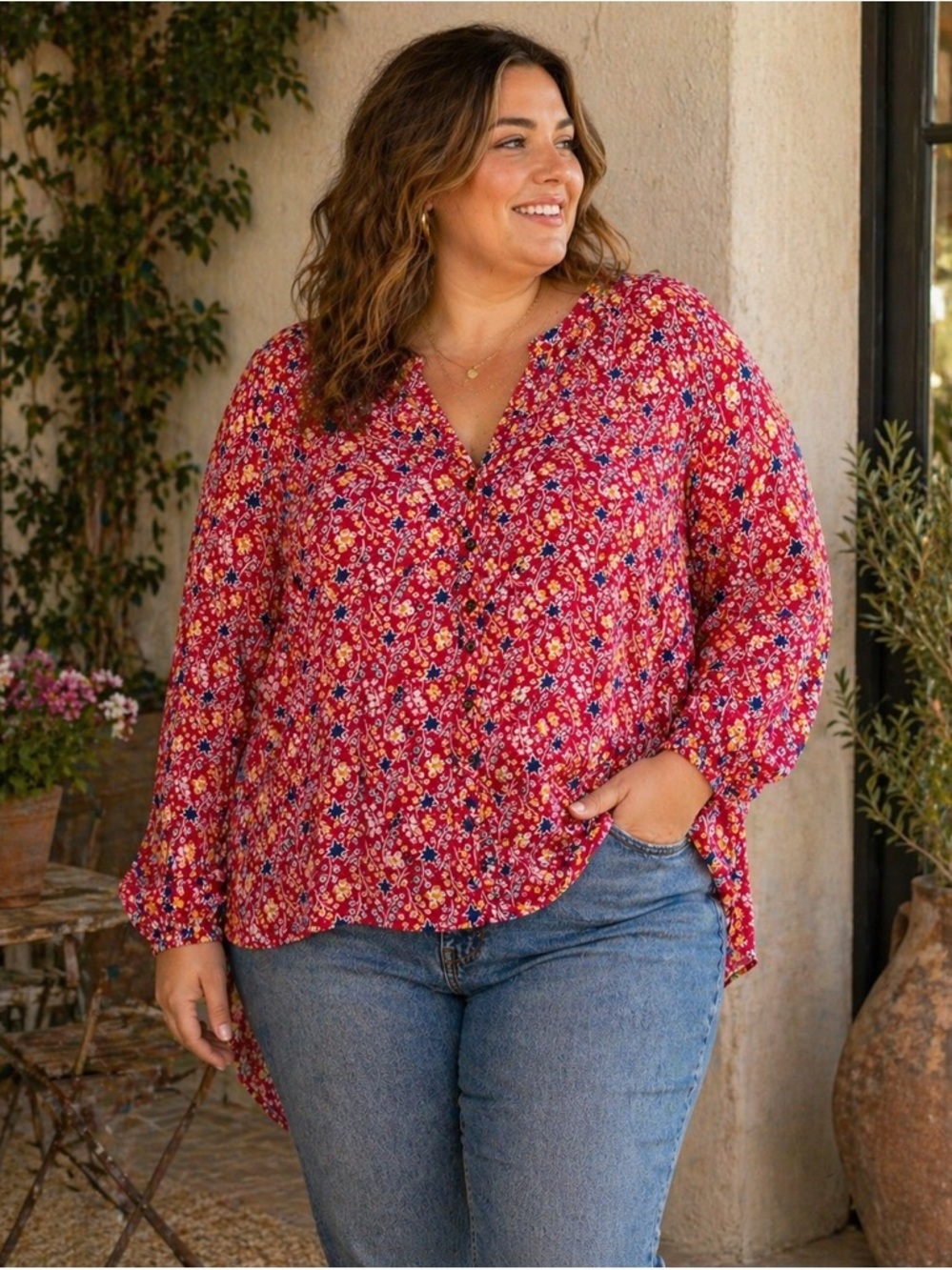 Maeve Anthropologie Plus-Size Size 14 Pink Floral V-Neck Button Blouse